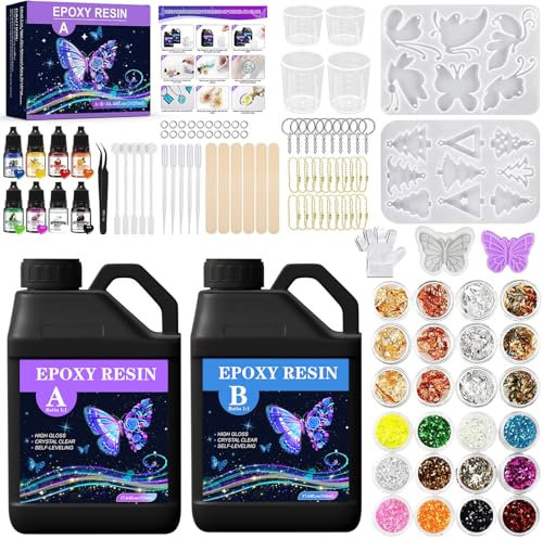 KIMIGO Resine Epoxy,1020ml Resine Epoxy Transparente,1:1 Ratio,Kit Résine Epoxy Complet,Avec Pigment de résine,Feuille d'or,Paillettes,pour la Fabrication de Bijoux en Cristal Pendentif Bracelet