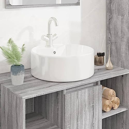 LAPOOH Lavabo Redondo de cerámica Blanco 40x14,5 cm, Fregadero, Lavabo Baño, Lavamanos Baño, Lavatorio Casa De Banho, Mueble Lavabo sobre Encimera