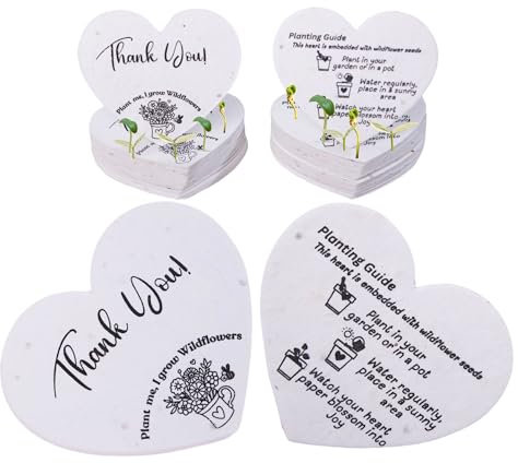 Pflanzbare Samenpapier-Herzen, pflanzbare Dankeskarten, 6,3 x 5,1 cm, handgefertigtes Papier, eingebettet mit Wildblumensamen, Dankeskarten, Dankeskarten für kleine Unternehmen, Partygeschenke, 50