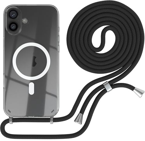 EAZY CASE - Handykette kompatibel mit iPhone 16 Plus Kette zum Umhängen Stoßfest Handyhülle für Apple iPhone 16 Plus Silikon Hülle mit Band Handytasche Transparent als Fallschutz in Schwarz