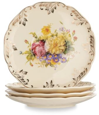 YOLIFE Ivory Vintage Floral Tea Saucers Set of 4, 5.8 inch with Gold Leaves Trim – Beautiful Porcelain Tea Plates for Cups, Ideal for Tea Parties
