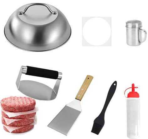 Smashed Burger Press Set Burger Making Tools Stainless Steel Burger Smasher BBQ Griddle Accessories Kit with Burger Spatula Basting Cover Condiment Bottle Brush 100 Oil absorbing Paper Squeeze Bottle