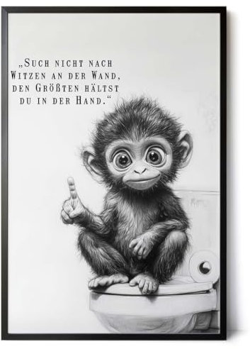 Paul Sinus Poster/Leinwandbild/Rahmenoption – Frecher Affe auf Toilette „Such nicht nach Witzen…“ – Lustige WC-Deko für dein Badezimmer
