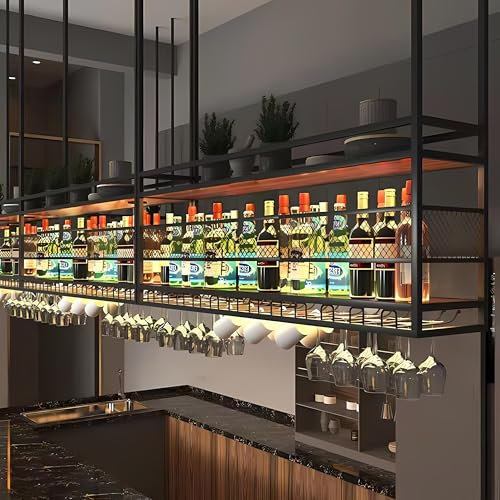 RAJYQODIS Portabottiglie da appendere, portabicchieri da soffitto in metallo, portabottiglie da bar a 2 livelli, per bar, ristorante, caffetteria e cucina (Nero, 140cm)