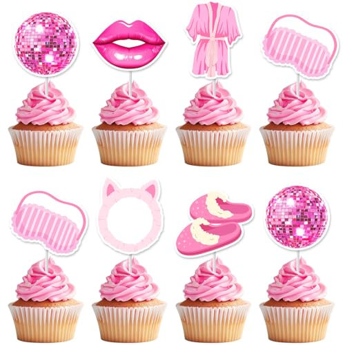 Cheereveal 36pcs Sleepover Party Cupcake Topper Hot Pink, Slumber Party Kuchen Dekorationen, Spa Thema Pyjama Make-up Geburtstag Junggesellenabschied Dekorationen für Mädchen Frauen