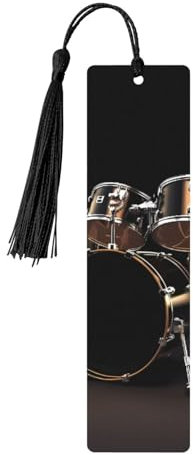 Cooles Schlagzeug-Set Holz-Lesezeichen mit schwarzen Quasten, handgefertigt, doppelseitig bedruckt, Lesezeichen, Seitenmarkierungen, Buchzubehör, Geschenk für Buchliebhaber, Frauen, Männer