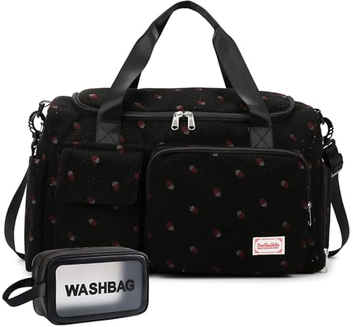 Small Gym Bag for Women, Travel Duffle Bag Carry On Weekender Bag with Shoe Compartment, Strawberry#Black, Gym Bag&Toiletry Bag