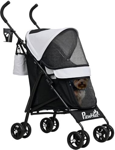 PawHut Hundewagen Hundebuggy klappbar für Hunde & Katzen Katzenbuggy mit Netzfenstern, Schultergurt, Aufbewahrungstasche, Becherhalter Regenschirm Katzenwagen Hellgrau
