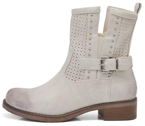 IF Fashion Stivali Stivaletti Biker Motociclista da Donna Traforato Con Fibbie Borchie Primaverili Estivi Pelle Sintetica G677 Beige N.38