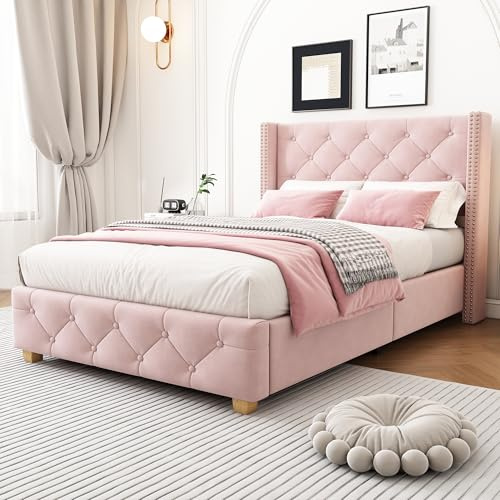 BTM Upholstered Single Bed 3ft(90 * 190cm), Single Bed Frame with Headboard, Slatted Frame, Button & Rivet upholstery and Wooden Leg, Pink Velvet