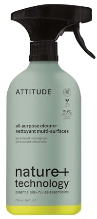 ATTITUDE All-Purpose Cleaner Spray, Made in Canada, EWG Verified, Streak Free, Ammonia Free, Removes Fingerprints, Dust and Dirt, Geranium & Lemongrass, 770 mL