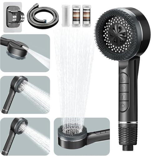 Pommeau deouche Haute Pression, Pommeau Douche Economie Deau 4 Types de Jets Pommeau de Douche Anti Calcaire avec Tuyau Douche 1.5M et Support de Douche, avec Bouton D'arrêt D'eau,Gris