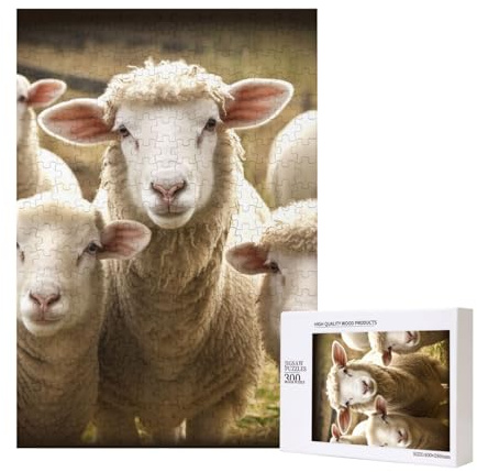 Schaf und Lämmer gedruckt Puzzle mit Aufbewahrungsbox, Holzpuzzle für Erwachsene und Kinder, 300 Teile Familienspaß, dekoratives Spiel