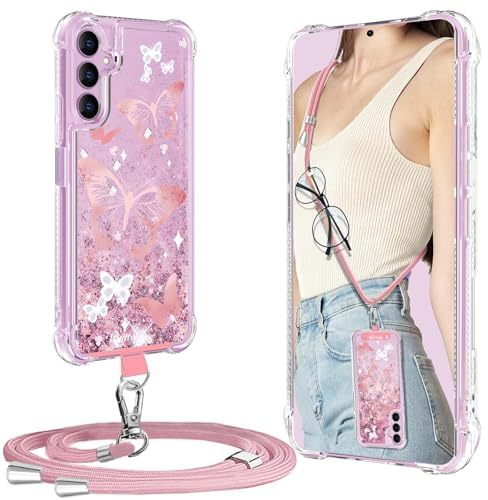 XCYYOO Coque pour Samsung Galaxy A14 5G avec Cordon, Glitter Samsung A14 5G avec Collier Housse Ultra Fine TPU Original Transparent Silicone Bling Antichoc Case - Rose