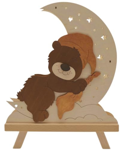 Erzwelt - Standleuchte 3D – Weihnachtsdeko – Teddy im Mond | 35 x 27 x 5 – Holz-Deko für Weihnachten – Fensterbeleuchtung – Original Erzgebirge – leuchtende Fensterdekoration