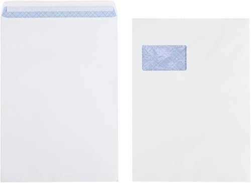 50 Stück Briefumschlag C4 A4 weiß, mit Fenster, selbstklebend, mit Abziehstreifen, Chiffre-Struktur-Innendruck 120 g/m, Format 229 x 324 mm Briefumschlag Versandtasche, Briefumschlag, Kuvert, Geschäft