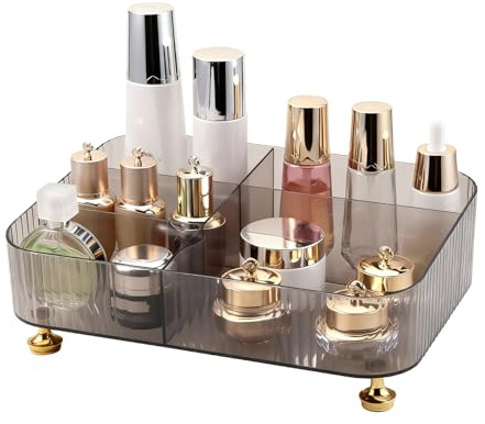 DASITON Makeup Organiser for Vanity, 5 Slots Makeup Brush Holder Organiser, Vintage Makeup Perfume Tray Cosmetic and Skincare Organisers for Dressing Table Bedroom Bathroom Desk Storage (Grey)