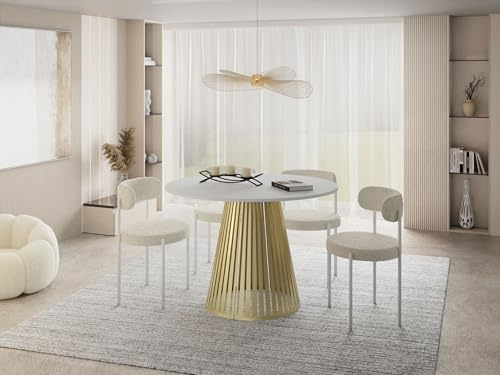 WFL GROUP Esstisch Rund Ausziehbar mit Lamellen im Loft-Stil – 120 bis 200 cm – Industrieller Tisch mit Goldenen Metallbeinen, Platzsparend für Wohnzimmer oder Esszimmer – Weiß
