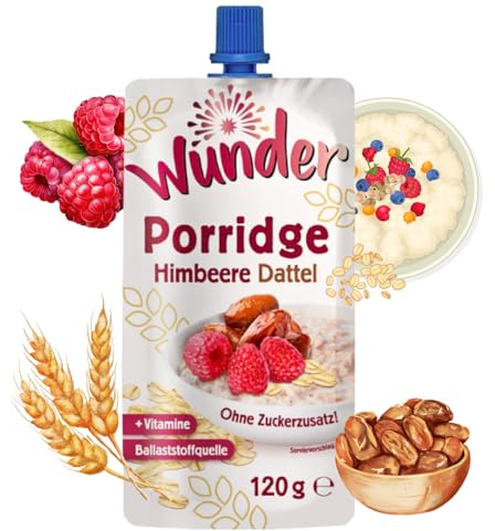 WUNDER Quetschie Porridge Himbeere Dattel 12 x 120g mit Haferflocken Ballaststoffquelle Vitamine, ohne Zuckerzusatz