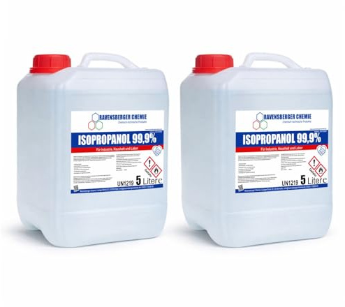 Ravensberger Chemie Isopropanol 99,9% IPA – Isopropylalkohol Reinigungsalkohol zum Entfetten & Reinigen – Lösungsmittel für Elektronik, Glas, Auto & Werkstatt (2 x 5 Liter)