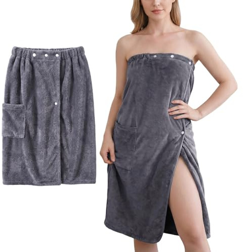 Dexpally Saunakilt Damen Saunahandtuch 80x135 cm Saunatuch Saugstark Knopffrottee Gummizug Saunarock Badetuch Wickeltuch Spa Bademantel Bequem Körperwickel für Sauna, Dusche, Strand (Grau)
