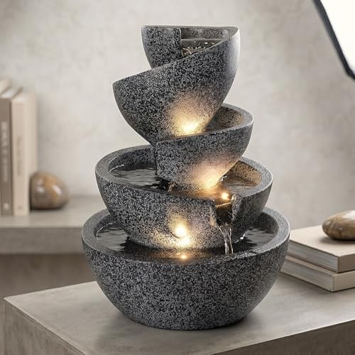 LED Zimmerbrunnen Springbrunnen Innen- & Außenbrunnen aus Polyresin, 39 cm hoch, mit warmweißen LED-Spots, Gartenbrunnen – Deko Brunnen für Wohnzimmer, Büro & Garten (Granit-Optik)