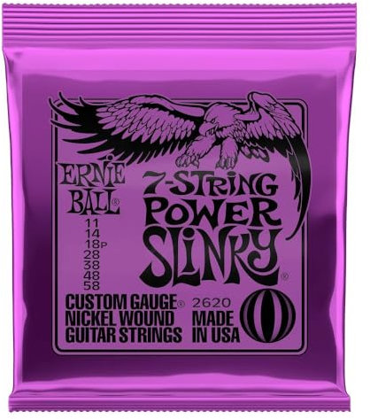 Ernie Ball, Power Slinky 7-String Nickel Wound, Corde per chitarra elettrica a 7 corde, diametro 11-58