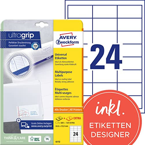 AVERY Zweckform 6172 Adressaufkleber (600 plus 120 Klebeetiketten extra, 64,6x33,8mm auf A4, Papier matt, bedruckbare Absenderetiketten, selbstklebende Adressetiketten mit ultragrip) 30 Blatt, weiß