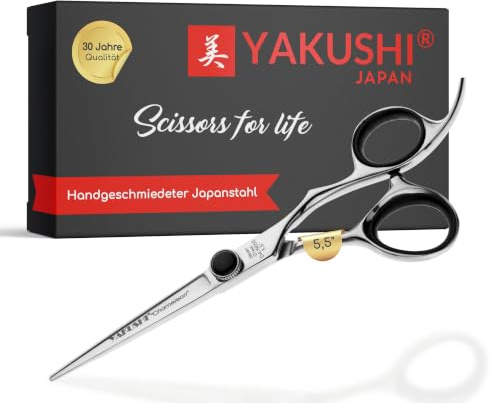YAKUSHI Chameleon Haarschneideschere 5,5'' I Classic-Line I Schere aus Japanstahl mit Offset-Form & ergonomischem Fingerhalter I Rasiermesserscharfe Friseurschere mit Hohlschliff & Rädelschraube