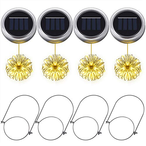 Solar-Einmachglas-Lichter, PChero 4pcs Einmachglas-Deckel 20 LED-Schnur-feenhafte Licht-Dekoration für Garten, Patio, Weihnachten, Halloween [warmes Weiß]
