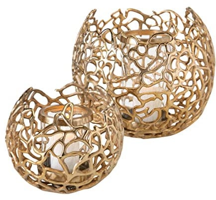 Boltze Windlicht Set Fidan 2-teilig (ø 19 cm / 28 cm, Farbe gold, klassischer Stil, Höhe 17-26 cm, Dekoration für Garten / Wintergarten / Wohnung) 1011628