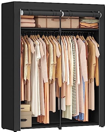 SONGMICS Aufbewahrungsschrank, tragbar, mit Aufhängestange, faltbar, Garderobe, Schlafzimmer, Arbeitszimmer, 140 x 43 x 174 cm, Schwarz RYG02BK