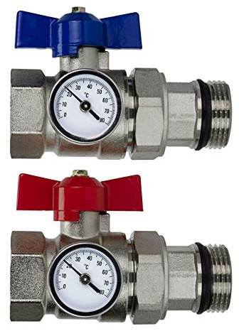 Underfloor Heating 1'' Ball Valves Pair and Temperature Gauge for Underfloor Heating Manifolds