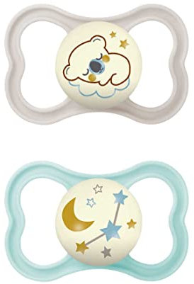 MAM Air Night Ciuccio Luminoso in Set da 2, in Silicone con Custodia Porta Succhietto, 6-16 Mesi, Neutro & Verde Chiaro