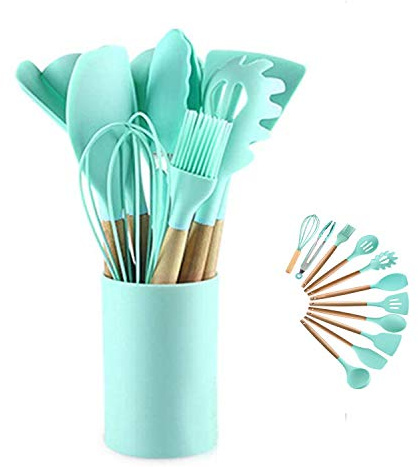 HUBEI Silikon-Kochutensilien Küchenutensilien-Set - 447 ° F Hitzebeständig, Turnerzange, Spatel,Schneebesen. Holzgriffe Graue Küchenhelfer Werkzeuge Set für Antihaft-Kochgeschirr(Achat Green-12pcs)