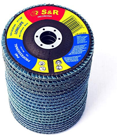 S&R 20 Dischi Abrasivi a lamelle per smerigliatrice 125 mm per Acciaio INOX Metallo. Set 20pz - 5 dischi per grana : P40/60/80/120. Professionali in Corindone di Zinconio