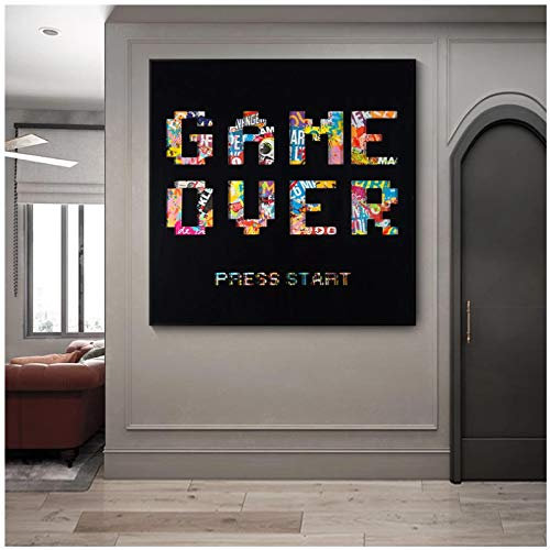 Tableau Decoration Murale Abstrait Graffiti Game Over Affiche Impression Murale Photos pour Salon Décor À La Maison Animaux Graffiti Art Lettre Impressions Sur Toile 31.5x31.5in (80x80cm) x1pcs No Fr