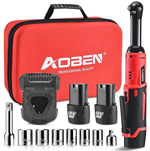 AOBEN Extended Cordless Ratchet Wrench Kit, 4.7 Long Reach 3/8 ratchet,40 Ft-lbs Electric Power Ratchet Set with Variable Speed Trigger,2 Packs 2000mAh Lithium-Ion Battery And Charger,8 Sockets