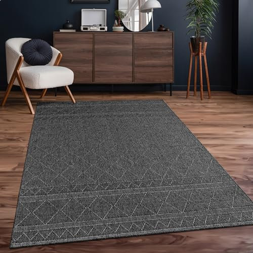 Paco Home Outdoor Teppich Flachgewebe Modern Boho-Style wetterfest & UV-beständig Ideal für Terrasse Balkon Wohnzimmer & Küche, Grösse:80x150 cm, Farbe:Anthrazit 2