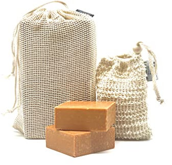 PAOS 2 x Schwefelseife Set, Sisal Seifensäckchen + Reisebeutel, Naturseife, Haarseife, ca.300g, Naturprodukt, Keine chemischen Zusätze, Schwefel empfohlen bei Akne und Neurodermitis
