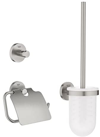 GROHE Start Set d'Accessoires 3-in-1 (Patère Murale, Dérouleur Papier Mural et Porte-balai WC), A coller avec GROHE QuickGlue ou à visser, Supersteel, 41204DC0
