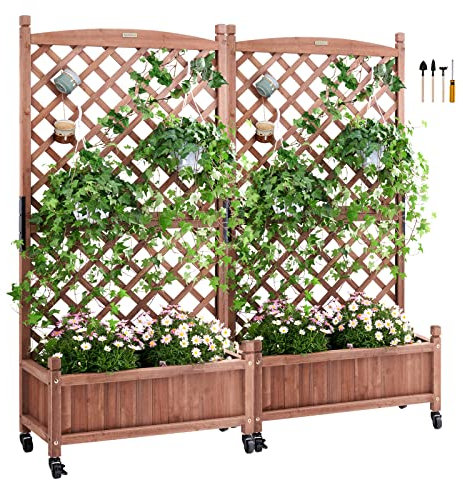 VEVOR 2X Pflanzkasten mit Rankgitter 75 x 33 x 156 cm Blumenkasten mit Spalier Hochbeet Tanne Pflanzbeet 50 kg Tragfähigkeit des Einzelrahmens Gartenbeet Blumenbeet für Hofdekoration Balkonbegrünung