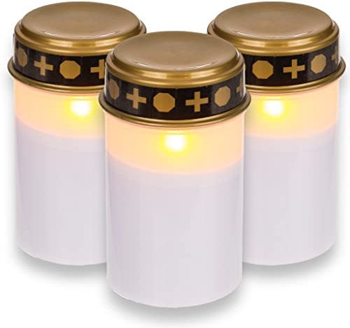 LED Grablichter für den Außenbereich - Batteriebetrieben, realistischer Flackereffekt, 6 Monate Leuchtdauer - Grablicht Grabkerze Grablampe (3 Stück Set, weiß)