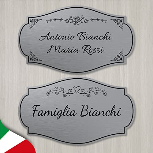 Targa nome per portone ingresso, in laminato plastico oro e argento spazzolato, incisa a laser, per porte casa, ufficio, negozio, personalizzabile con nome, cornici e misure. (ARGENTO - FORMA 2 -)