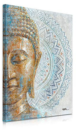 B BLINGBLING Goldener Buddha-Leinwandkunst: 3D-Mandala-Blume, Blüte, Buddha-Gemälde, Zen-Druck, Bild auf Blau, für Yoga, Meditationsraum, Schlafzimmer, gerahmt und fertig zum Aufhängen, 30 x 40 cm