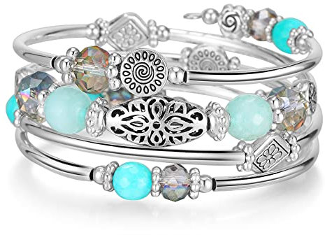 FULU AUTUMN Damen Boho Armband mit Mehrschichtiges Perlen Silber Wickelarmband Modeschmuck Geschenke zum Geburtstag und Muttertag für Frauen(Turquoise)