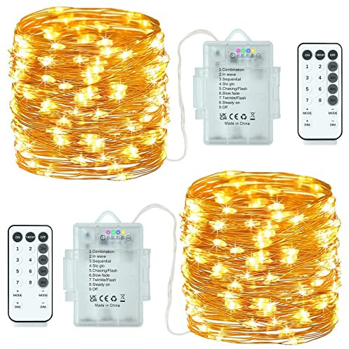Avyvi Fairy Lights Battery Operated Outdoor 2Pack String 10M/33FT With Remote Control for Garland Bedroom Wedding Party Christmas Tree Indoor Decor (Warm White,2)