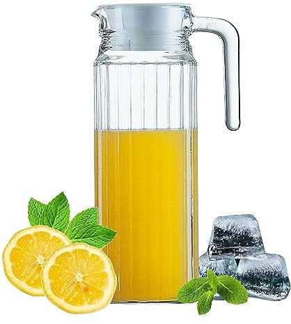 HOMESHOPA Glass Water Jug with Lid, 1 Pack 1.1L Water Pitcher Glass Carafe Jug for Hot/Cold Water Ice Tea Coffee Milk & Juice Beverage, Transparent Glass Fridge Door Water Jug with Spout and Handle