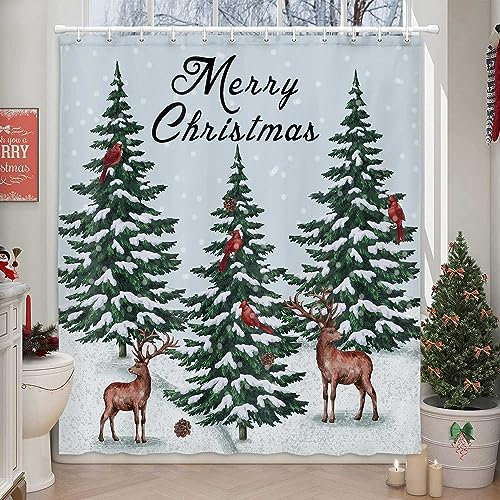 Xguatan Duschvorhang mit weihnachtlichem Weihnachtsbaum, rustikales Bauernhaus, Hirsch, Elch im Dschungel, Urlaub, Badezimmerstoff mit 12 Haken, 152 x 178 cm