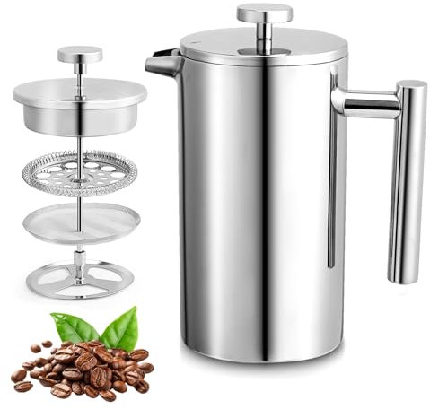 Pluzluce 1000ml / 34 Oz Cafetière French Press Coffee Maker, 8 Cups Cafetiere Stainless Steel Double Walled Insulated Caffettiere, Portable Coffee Press Pot for Home, Office, Camping